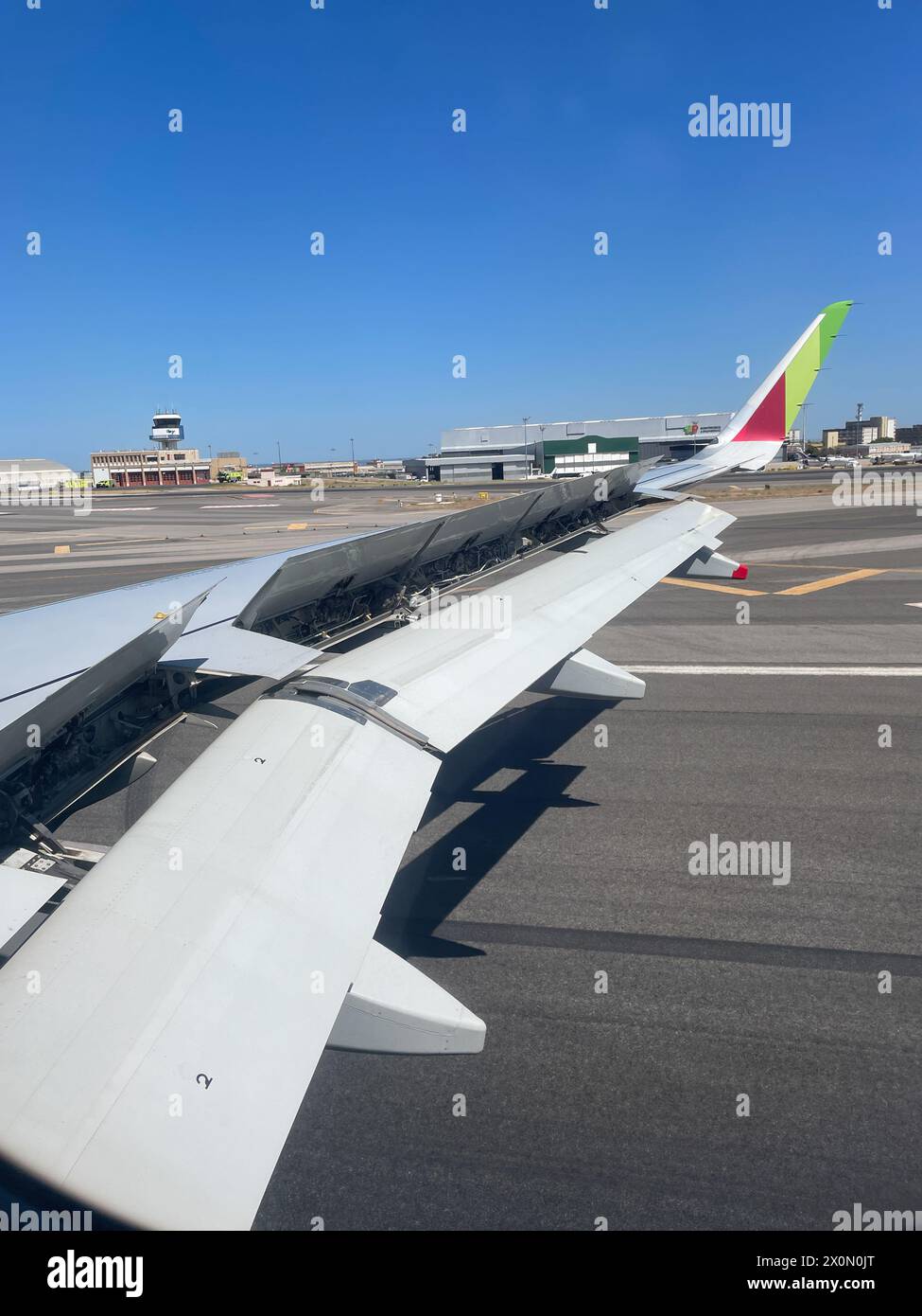 Airbus A320 der TAP bei der Landung in Lissabon, Landeklappen ausgefahren Stock Photo