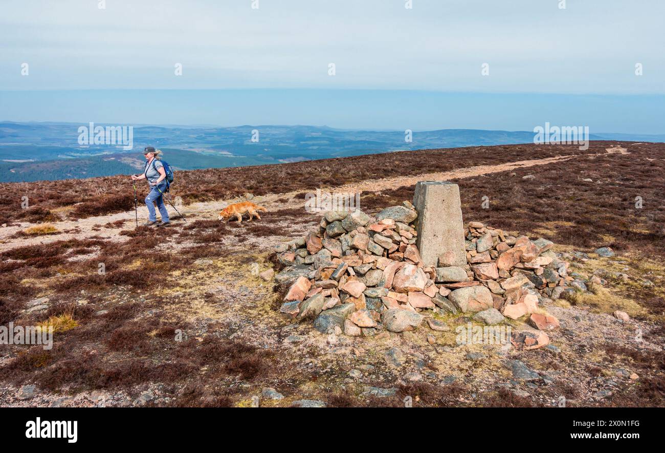 A walker passes the trig point at the summit of Peter Hill near Finzean, Aberdeenshire, Scotland Stock Photo