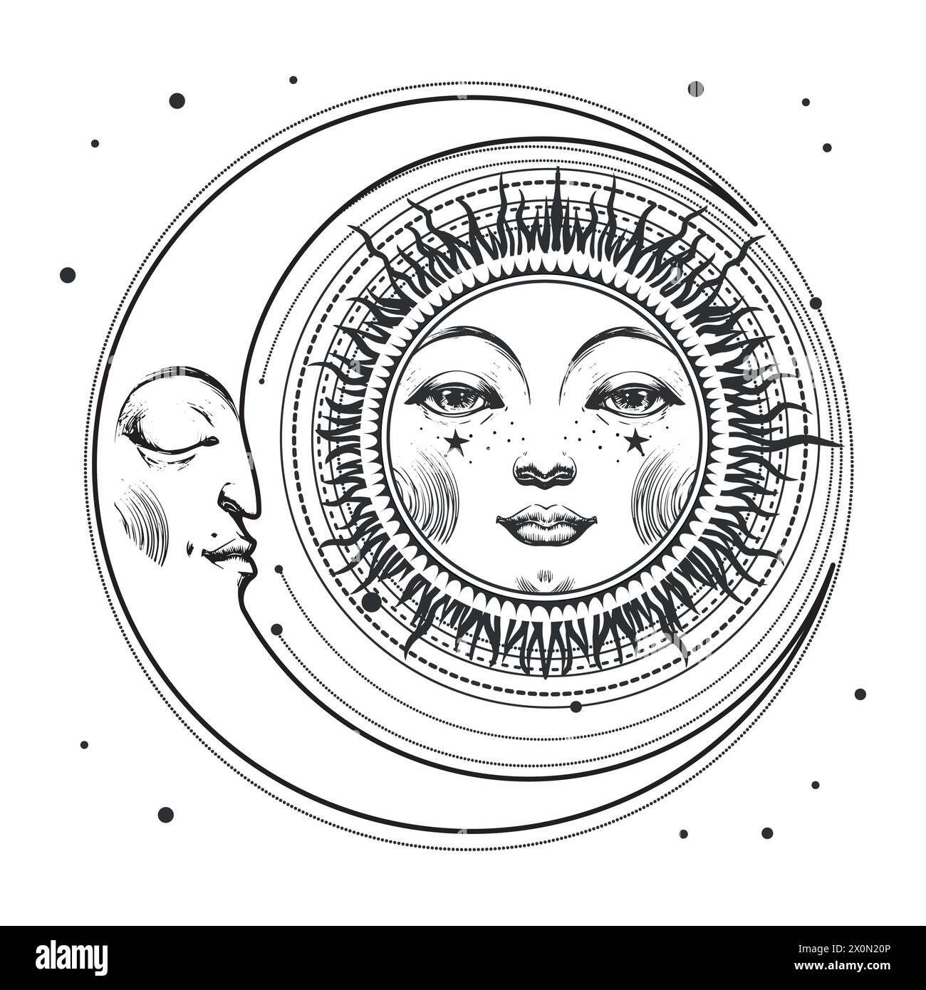 Sun with face and crescent moon, mystical boho illustration, astrology print, horoscope icon for witch. Magic hand drawing isolated on white backgroun Stock Vector