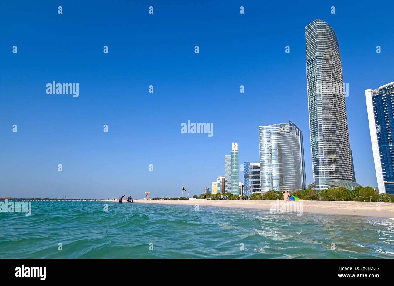 Panoramic view of sea, sandy beach Corniche and architecture of Abu Dhabi in UAE Stock Photo