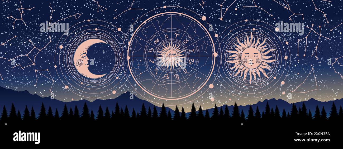 Mystical astrology banner, wheel with zodiac signs on the background of a night landscape, esoteric fortune telling poster. Vector illustration Stock Vector