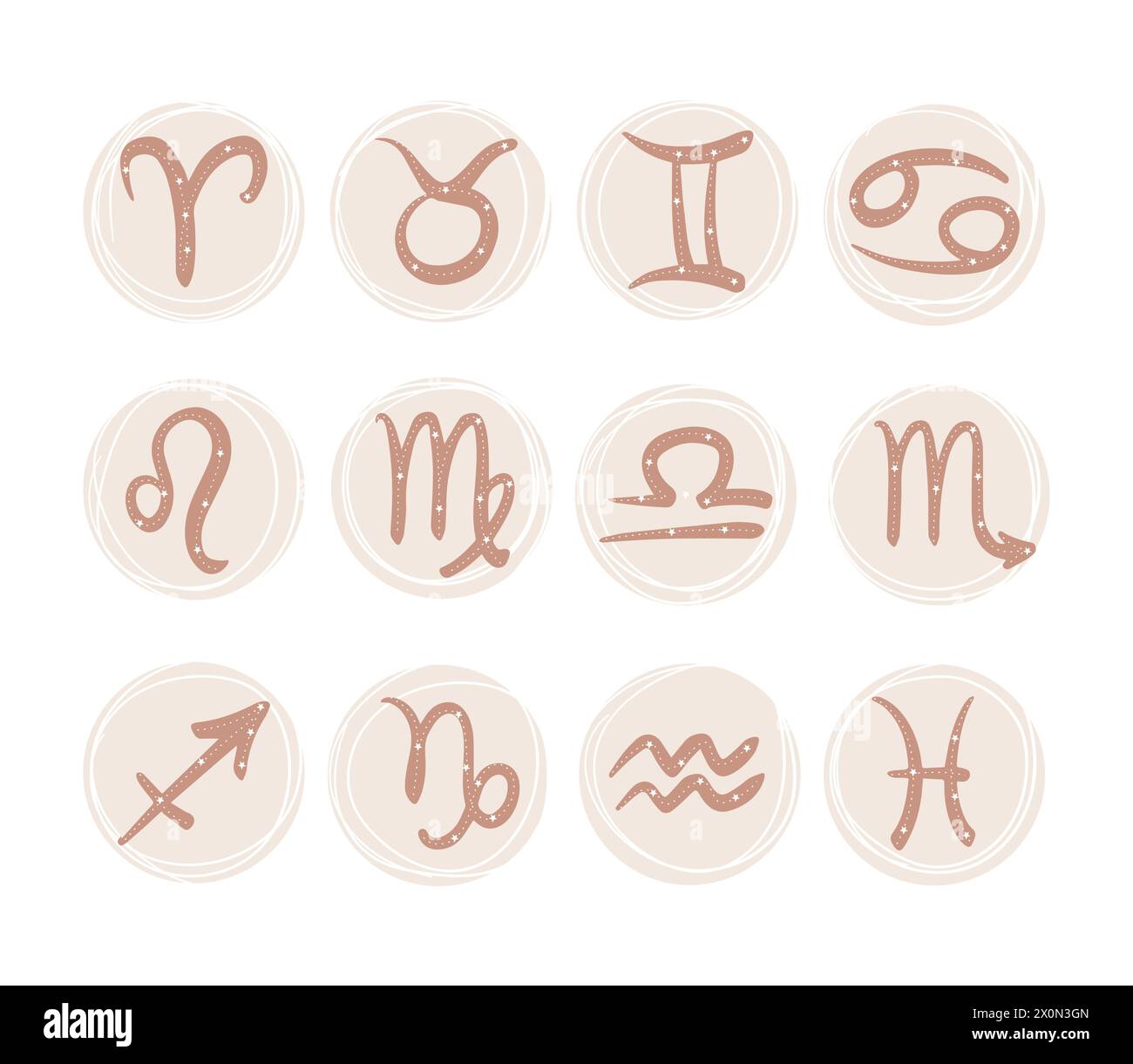 Graphic symbols of the zodiac signs with a design of stars and a thin ...