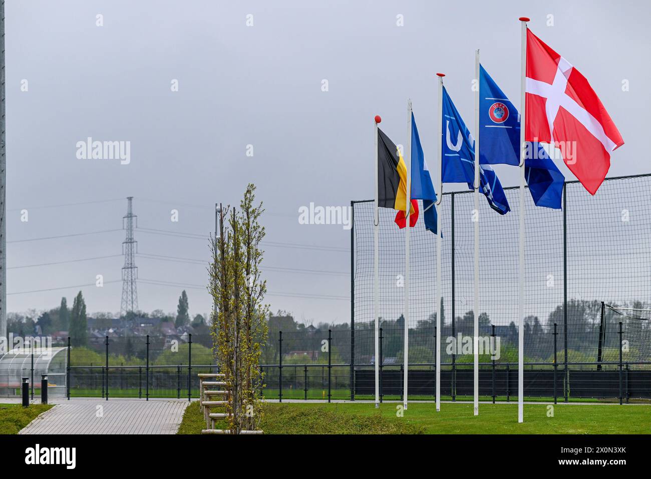 Tubize, Belgium. 11th Apr, 2024. Proximus basecamp with flags of Belgium, FIFA, UEFA, Respect and Denmark ready for the friendly soccer game between the national under 16 Futures teams of Belgium and Denmark on Thursday 11 April 2024 in Tubize, Belgium . Credit: sportpix/Alamy Live News Stock Photo