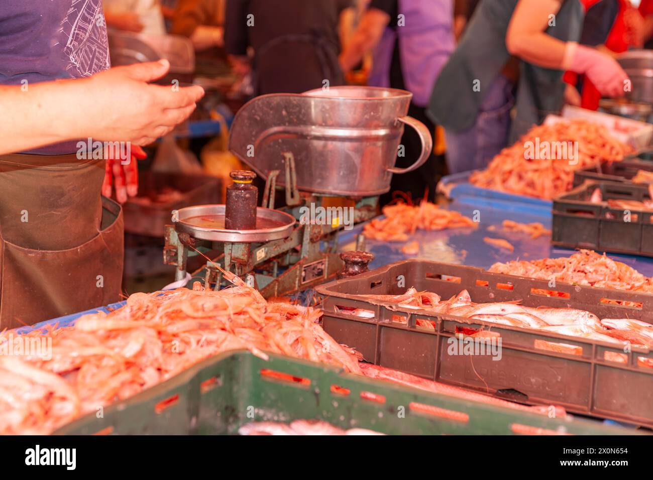 Activity on floor of fish market with scales and seafood and prawns in