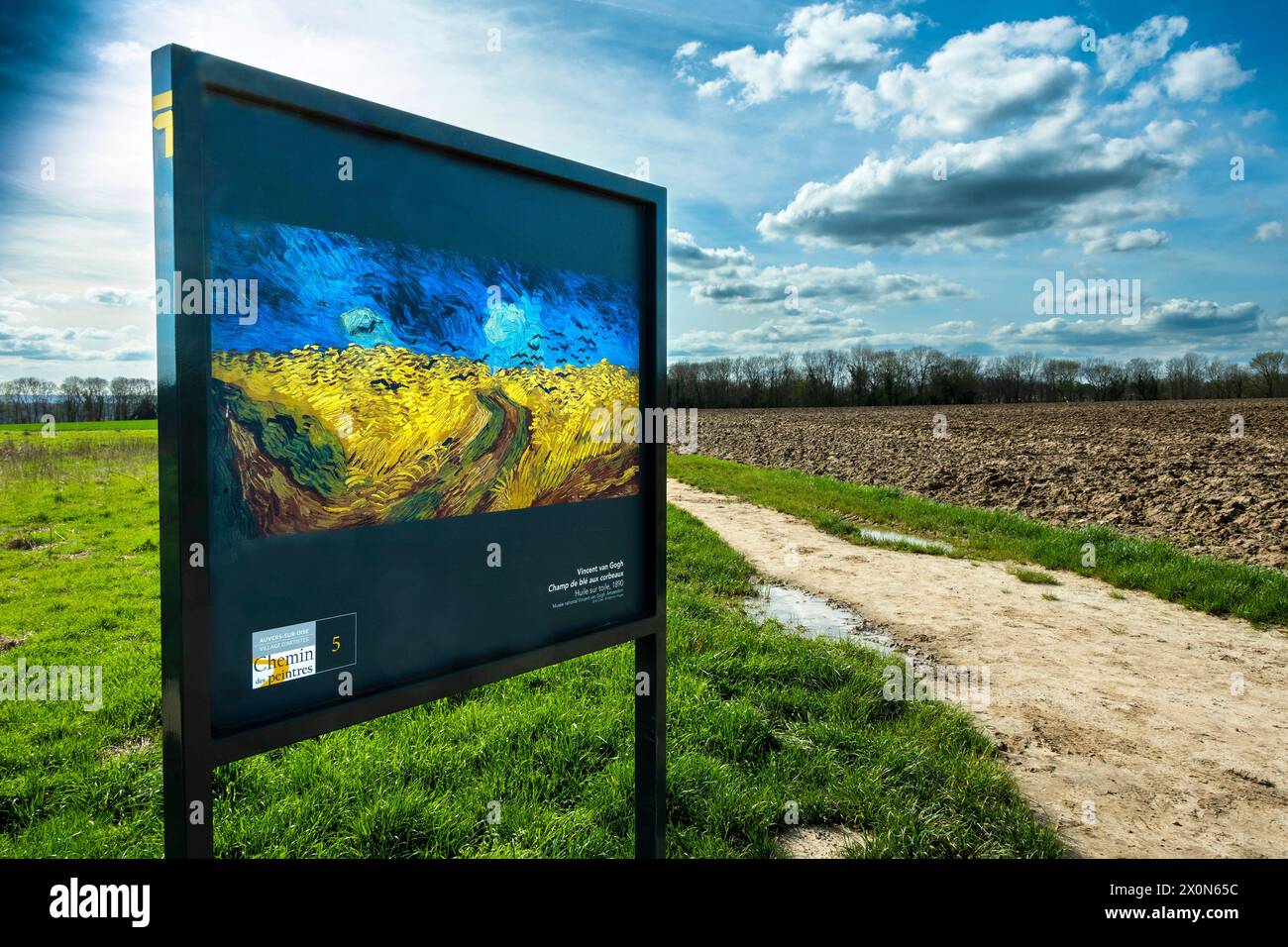 Auvers-sur-Oise. Panel located at the place where Van Gogh's famous painting called The Cornfield with Crows was painted. Val-d'Oise . Ile-de France Stock Photo