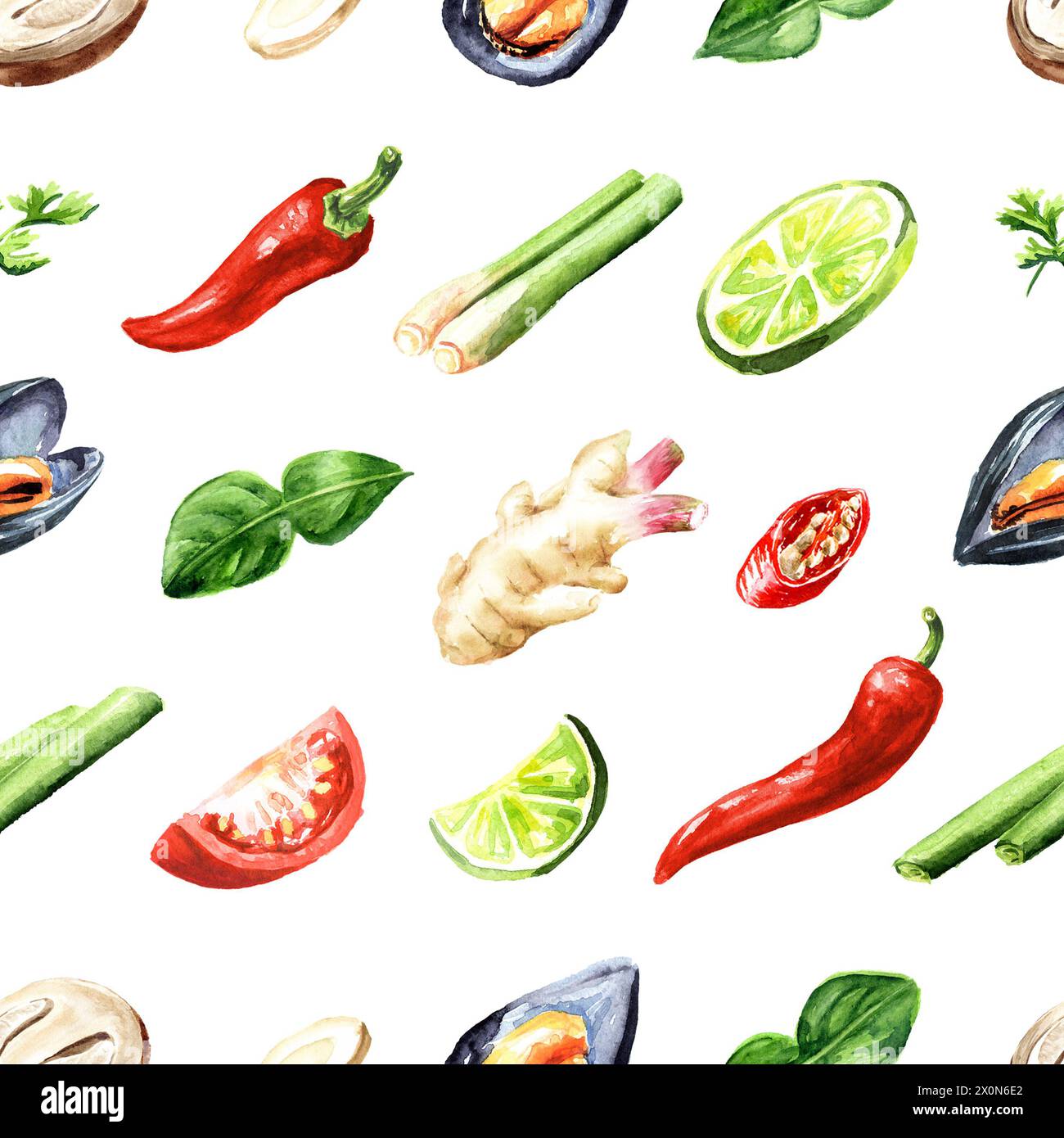 Tom Yum  ingredients seamless pattern. Hand drawn watercolor illustration, isolated on white background Stock Photo