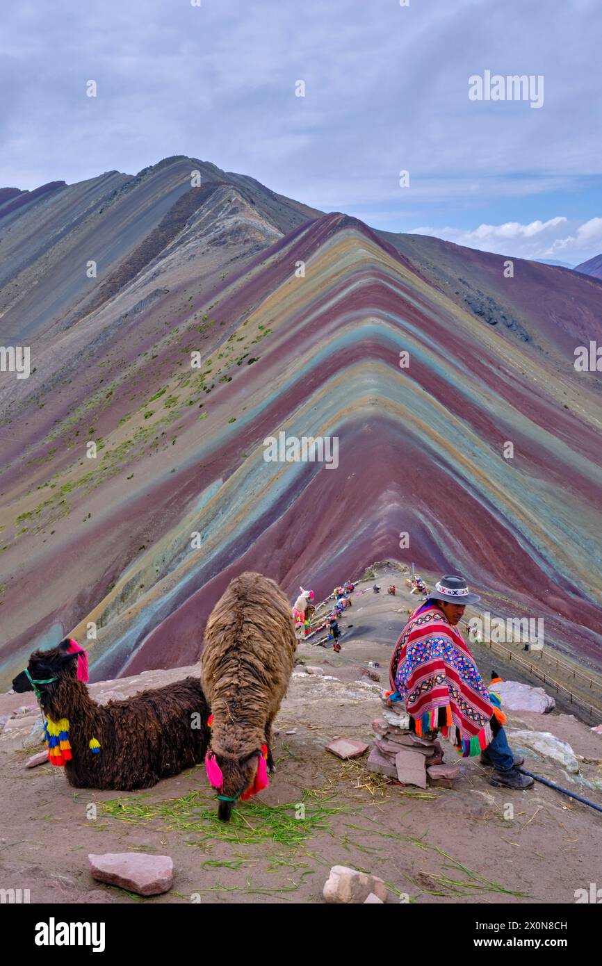 Peru, province of Cuzco, Vinicunca, Montana de Siete Colores or Rainbow Mountain, lama for tourist Stock Photo