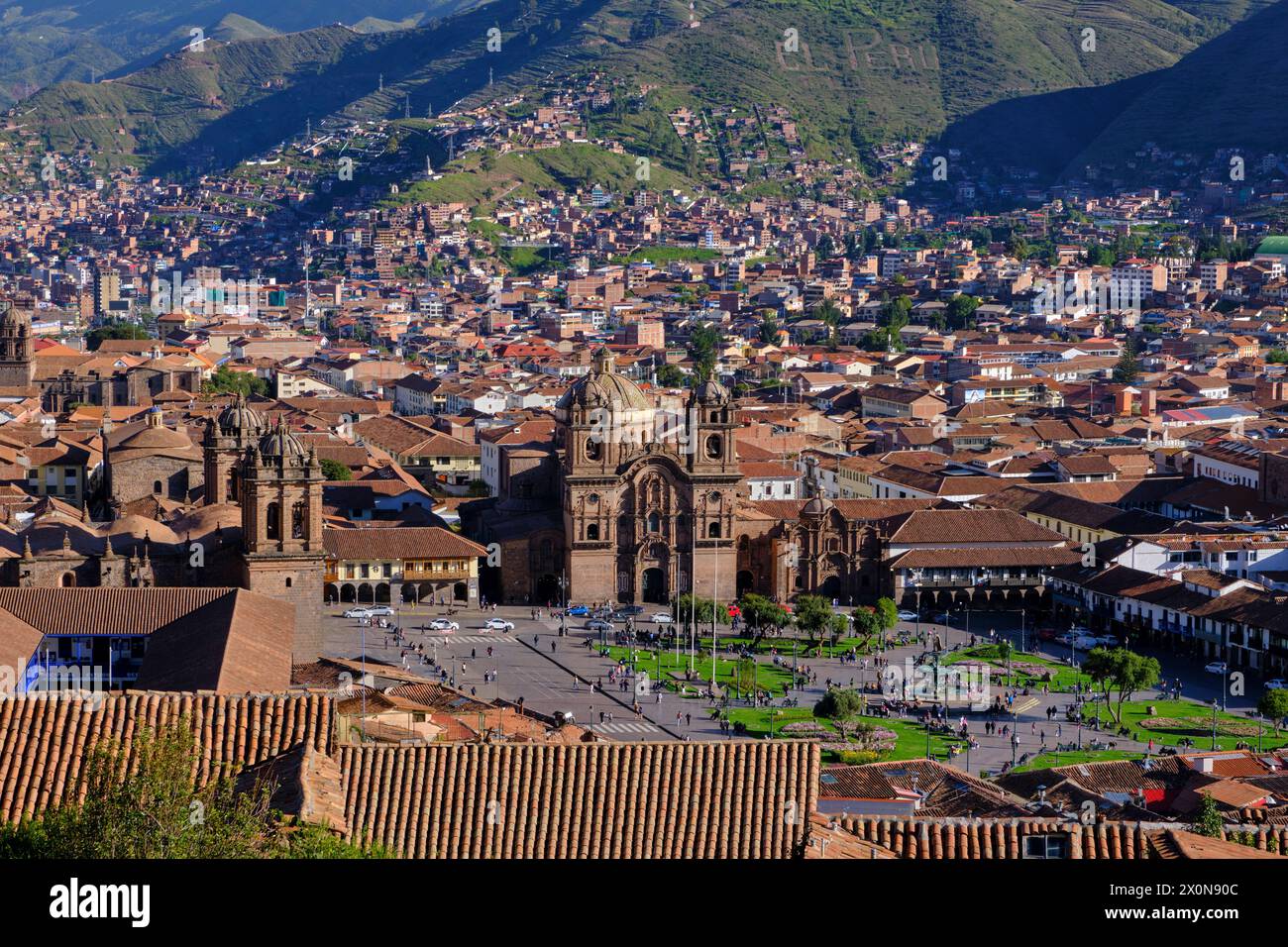 Peru, province of Cuzco, Cuzco, listed as a UNESCO World Heritage Site, view of the historic center and the Plaza de Armas Stock Photo