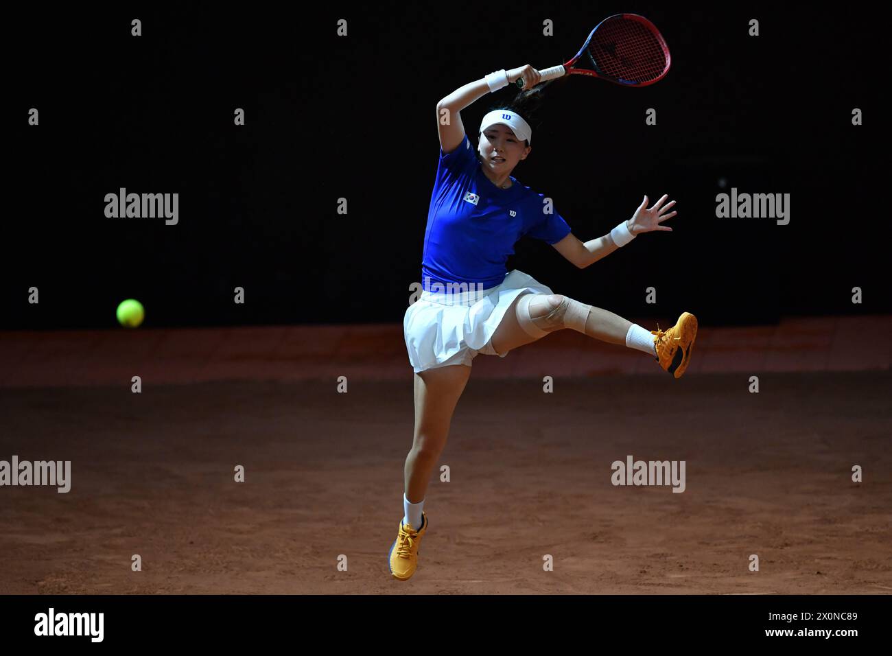 Changsha, China's Hunan Province. 13th Apr, 2024. Park Sohyun of South Korea hits a return during the women's singles match against Wang Xiyu of China at the Billie Jean King Cup 2024 tennis tournament Asia-Oceania Group I match in Changsha, central China's Hunan Province, April 13, 2024. Credit: Chen Zhenhai/Xinhua/Alamy Live News Stock Photo