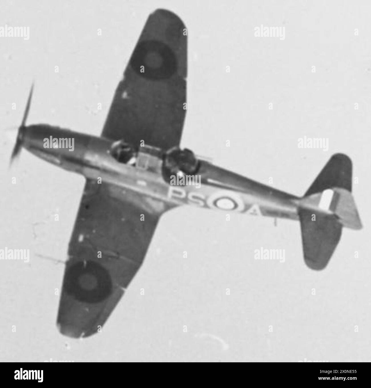 THE BATTLE OF BRITAIN 1940 - Overhead view of a Boulton Paul Defiant of No. 264 Squadron in flight, August 1940. Photographic negative , Royal Air Force Stock Photo
