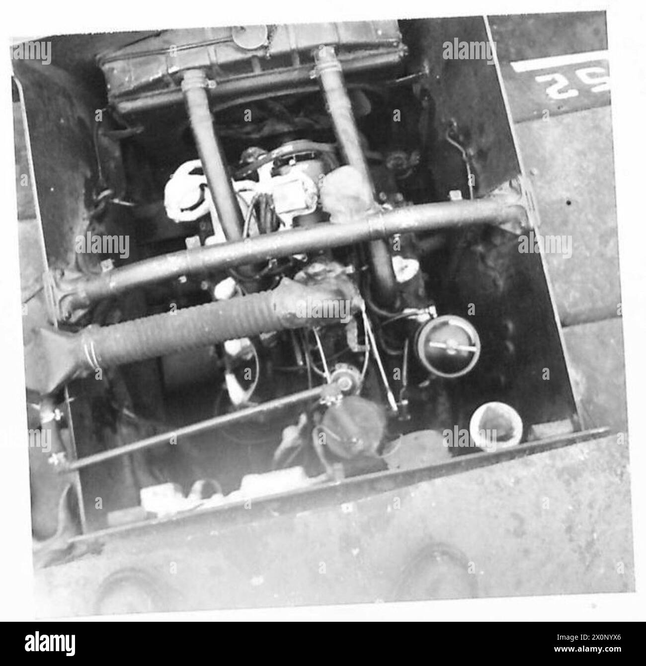 WADING TRIALS OF DAIMLER SCOUT CARS AND FORD LYNX SCOUT CARS AT NO.1 WADING TRIALS CENTRE, WEYMOUTH, DORSET - Ford Lynx scout car engine showing air intake and engine ventilation. Photographic negative , British Army Stock Photo