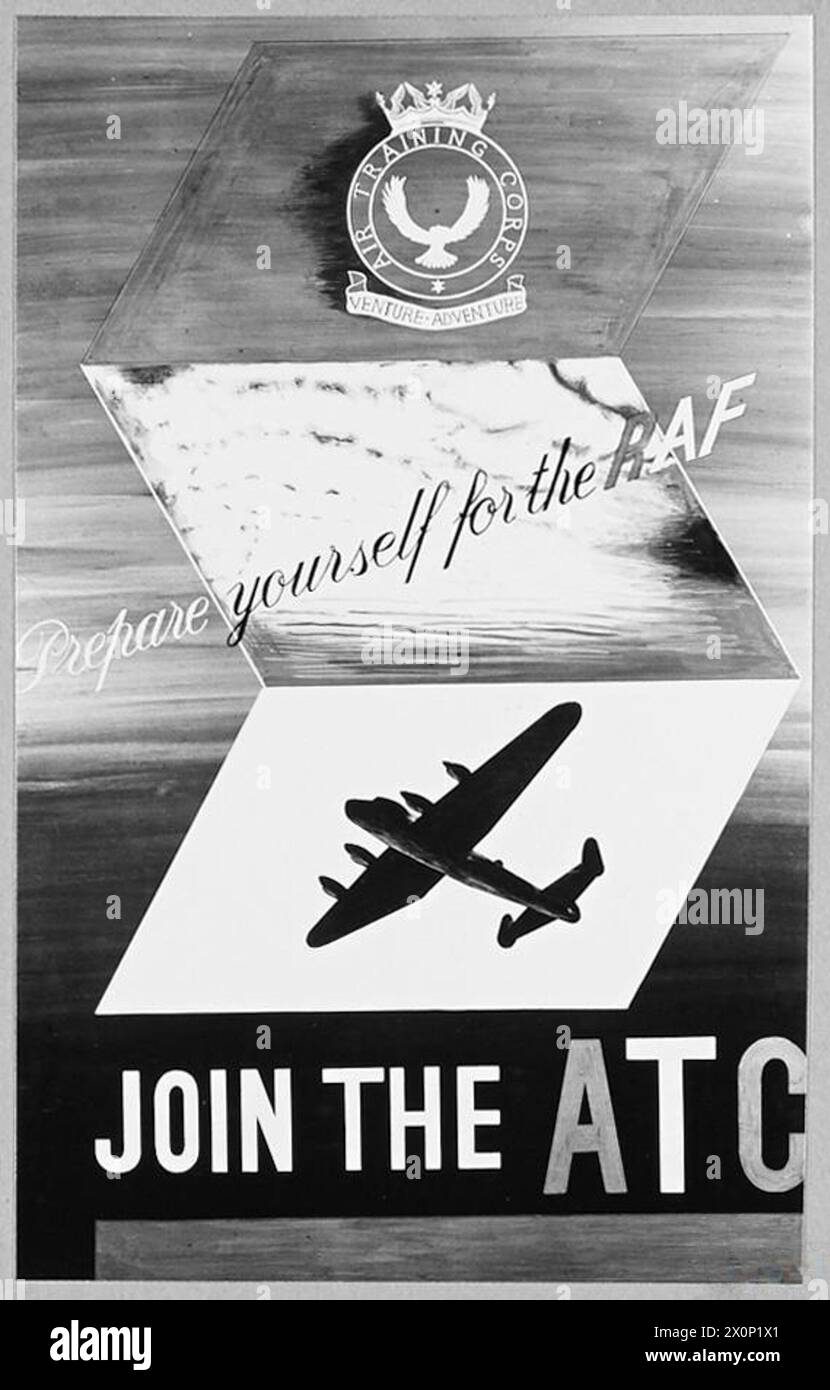 PRIZE-WINNING POSTERS OF THE AIR TRAINING CORPS - For story see CH.13038 Picture (issued 1944) shows - Another poster entered in the competition, the work of Cadet McCombie of 173 [Orpington] Squadron.[This photograph was specially requested by World's Press News for their poster story]. Photographic negative , Royal Air Force Stock Photo