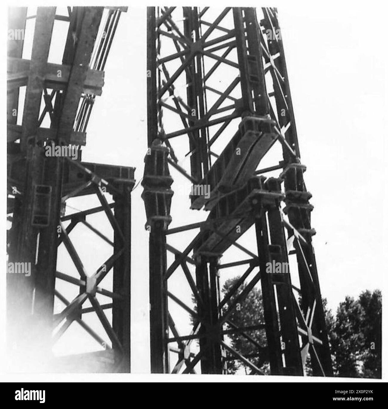 'FLAMBO SUSPENSION BRIDGE' - Close-up of one of the four cable column supports showing the pivot bearing. Photographic negative , British Army Stock Photo