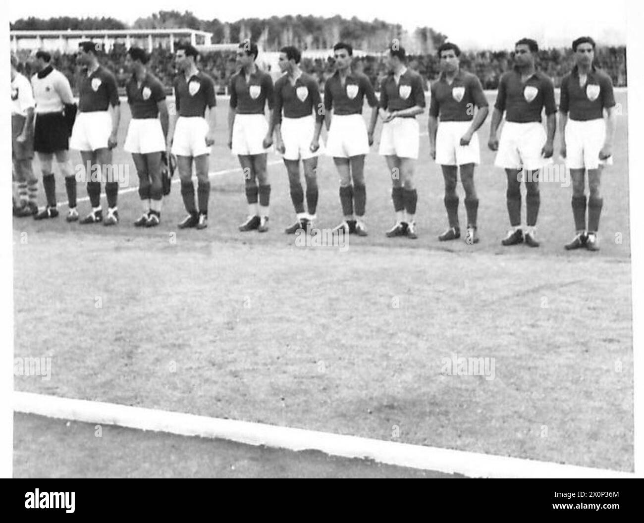 THE POLISH ARMY IN THE MIDDLE EAST, 1942-1943 - The Iranian team lined up before start of the game. The football team of the Polish Army in the East became famous for winning many games. In Iran the team was composed almost exclusively of young men who had not reached an age to be able to play in big teams in Poland. Some of them fought in Tobruk and other parts of the Western Desrt. These pictures show a game between the Polish team and one representing Persia, which caused a great interest and drew large crowds. The final score was 3-1 for the Poles British Army, Polish Army, Polish Armed Fo Stock Photo