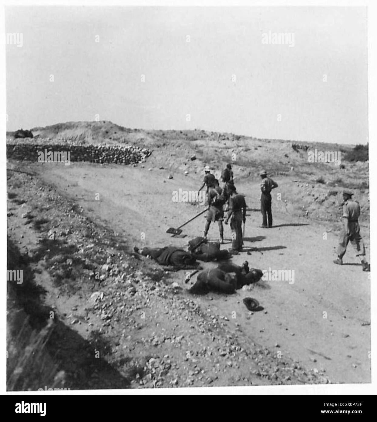 South African Sappers of the Eighth Army clear roads for advancing troops at the Mareth Line using mine detectors. Photographic negative by the British Army. Stock Photo
