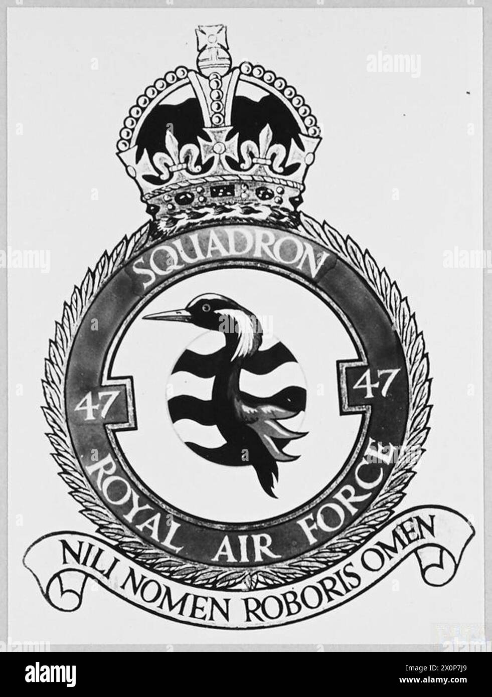 BADGE OF AN R.A.F. SQUADRON - The Squadron badge of No.47 Squadron and the motto 'NILI NOMEN ROBORIS OMEN' (The name of Nile is an omen of our strength. (Picture issued 1943). Photographic negative , Royal Air Force Stock Photo