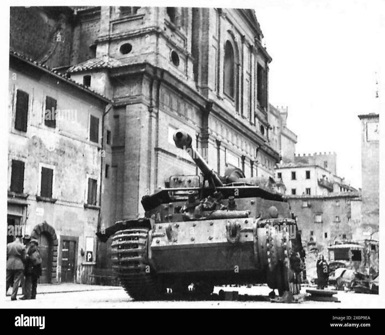 Low-angle view of the Ferdinand self-propelled gun of the Eighth Army in Italy. Photographic negative, British Army. Stock Photo