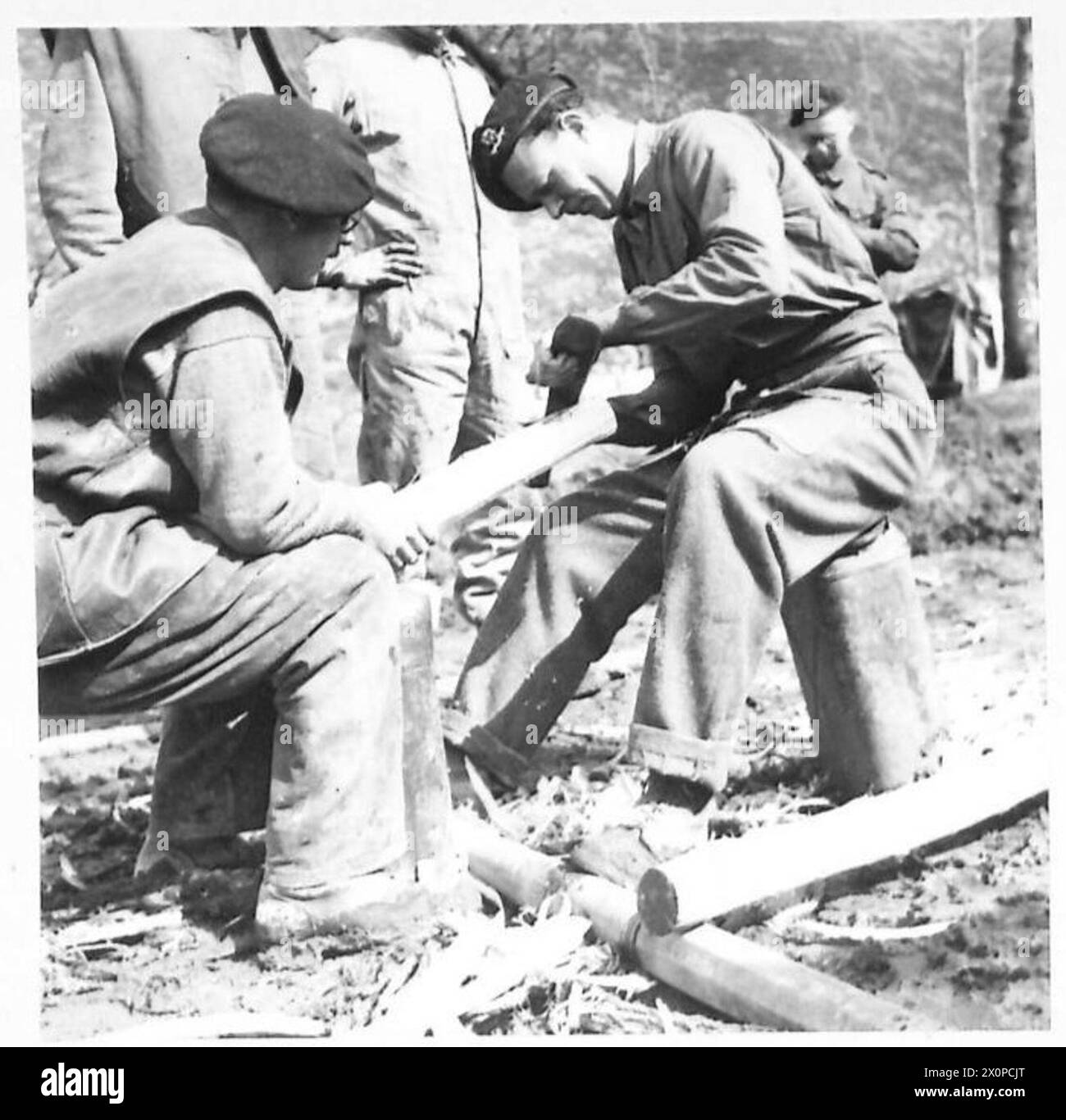 ITALY : FIFTH ARMYTANKS CREWS RESTING BEFORE BATTLE - Tpr. N. Hackman of Bristol, assisting Sgt. S.Thomas of Southampton, in preparing poles for their tent from timber growing in the camp area. Photographic negative , British Army Stock Photo