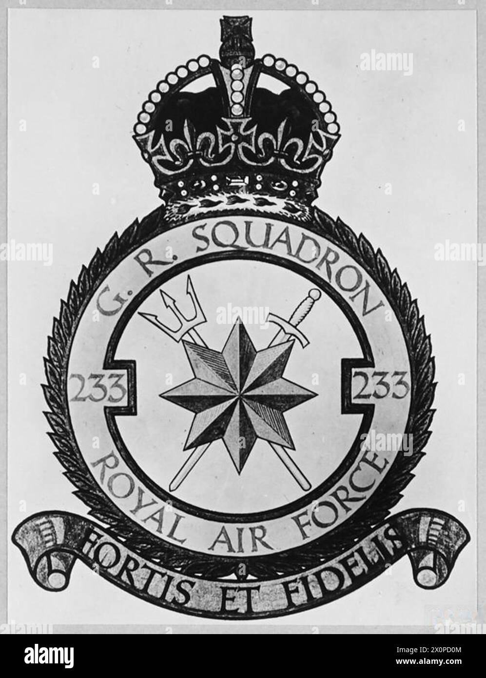 R.A.F. SQUADRON AND R.A.F. STATION BADGES - The badge of No.233 G.R. Squadron, R.A.F. 'FORTIS ET FIDELIS' [Strong and Faithful] Photographic negative , Royal Air Force Stock Photo