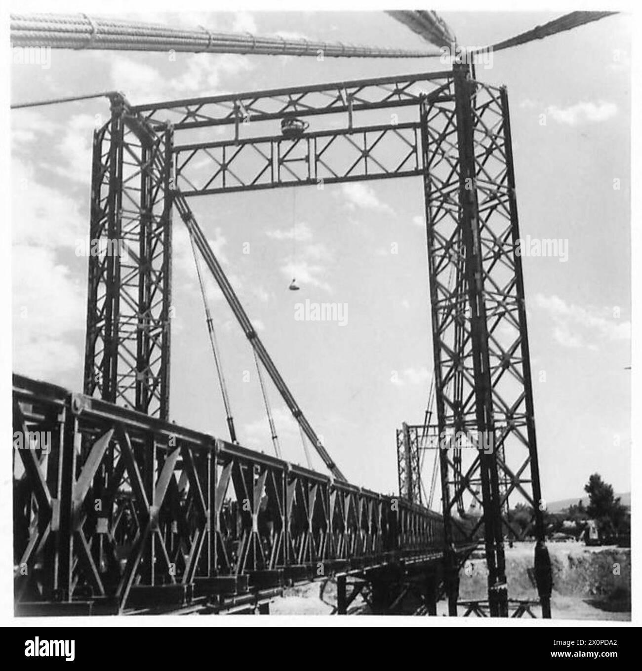 'FLAMBO SUSPENSION BRIDGE' - Cable column supports, showing pivot bearing Photographic negative , British Army Stock Photo