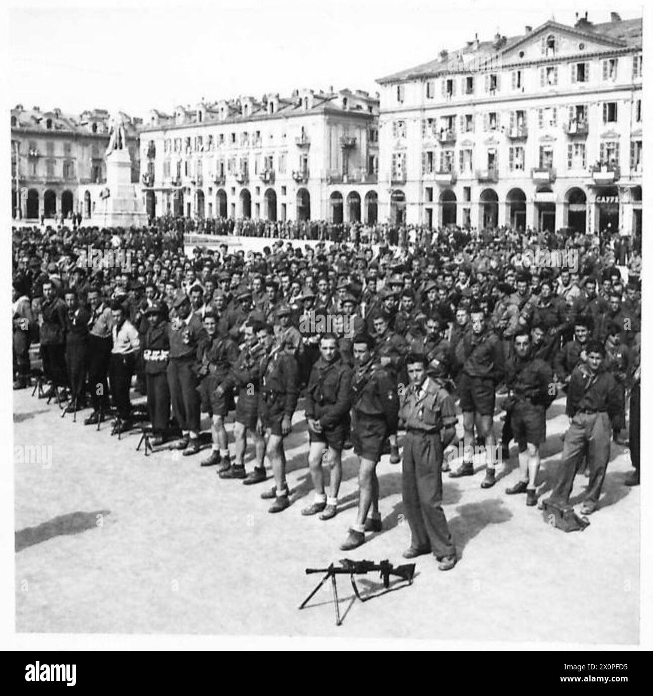 CUNEO-ALBA area, ITALY - General view of the parade of Partisans during the Mass held at Cuneo to commemorate the cessation of hostilities in Italy. Photographic negative , British Army Stock Photo