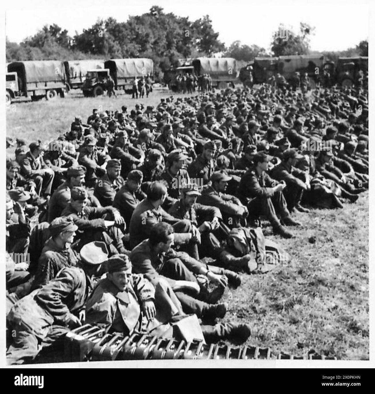 General view of German prisoners held in a POW cage after capture in ...
