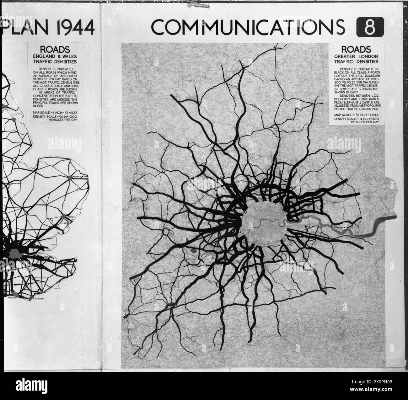 POST WAR PLANNING AND RECONSTRUCTION IN BRITAIN: PROFESSOR ABERCROMBIE'S GREATER LONDON PLAN 1944 - Diagram indicating traffic density in the Greater London area Stock Photo