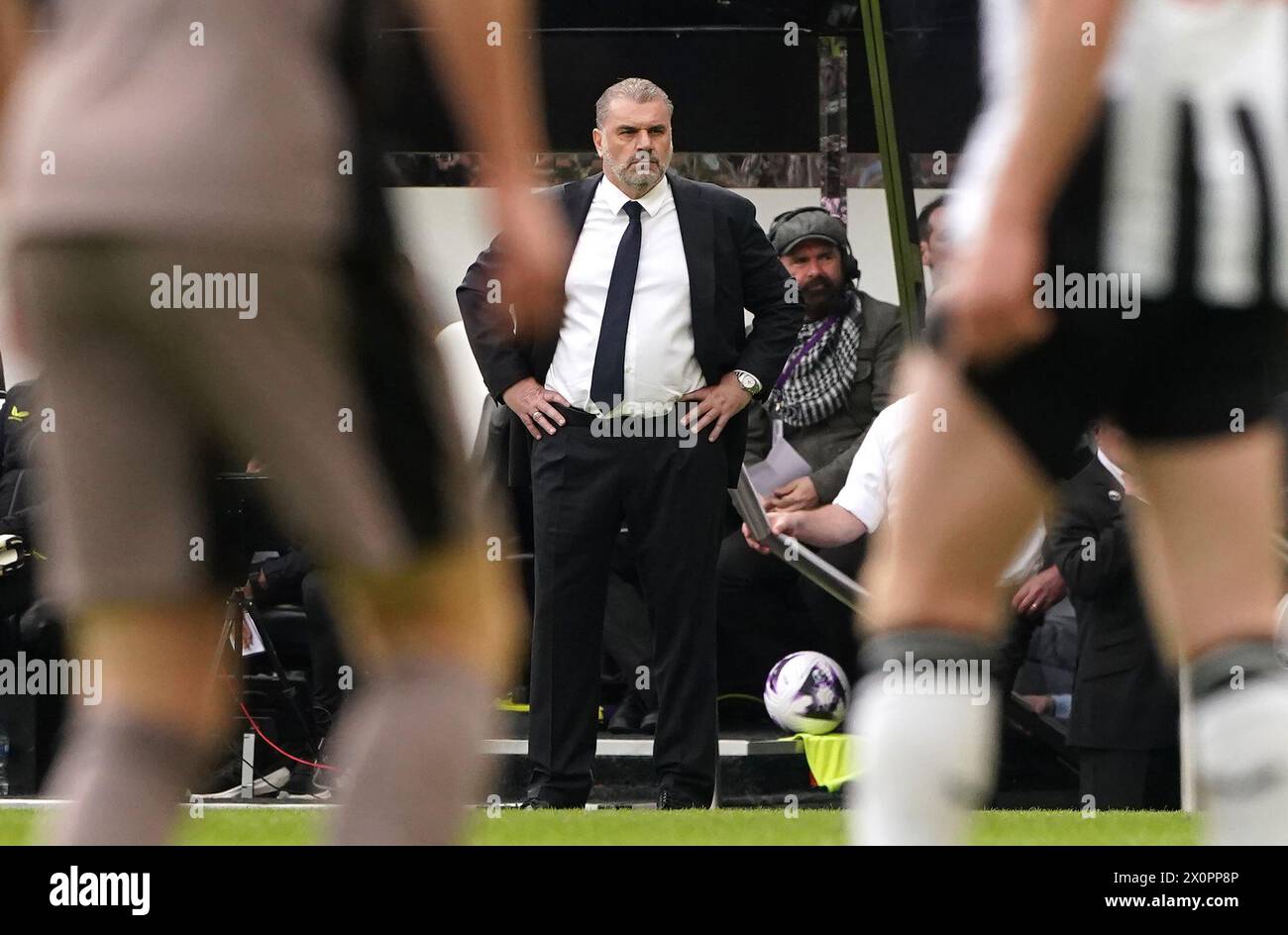 Tottenham Hotspur manager Ange Postecoglou reacts on the touchline during the Premier League match at St James' Park, Newcastle upon Tyne. Picture date: Saturday April 13, 2024. Stock Photo
