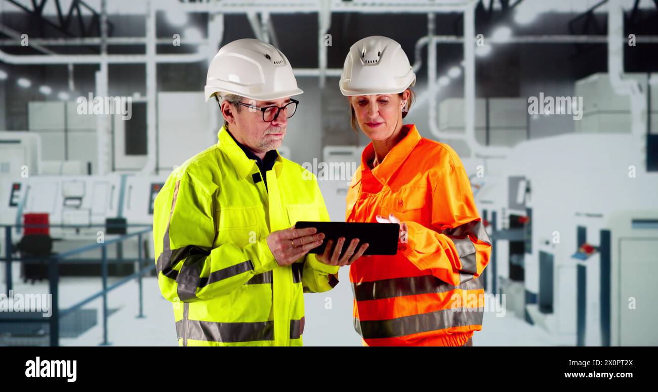 Factory Worker Osha Inspection Using Tablet Computer Stock Photo