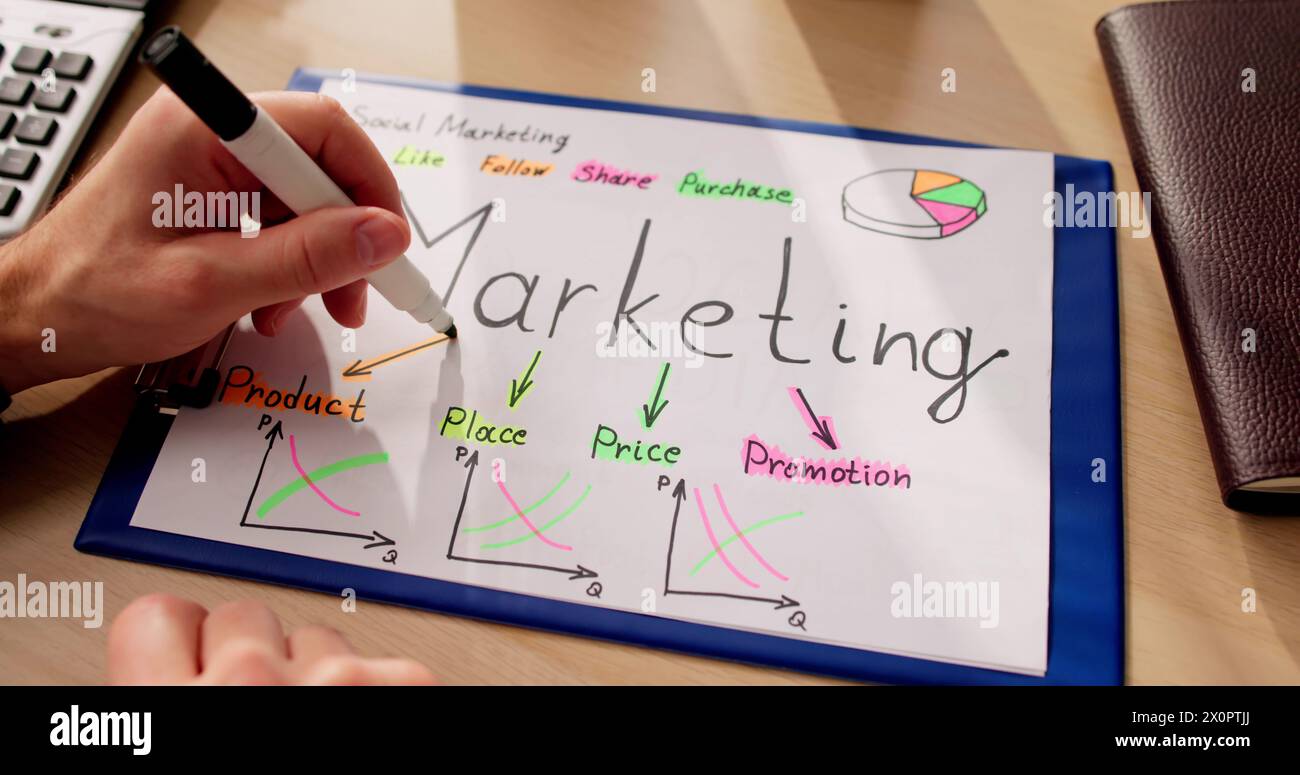 Person Drawing Marketing Strategy On Notebook At Wooden Desk Stock Photo
