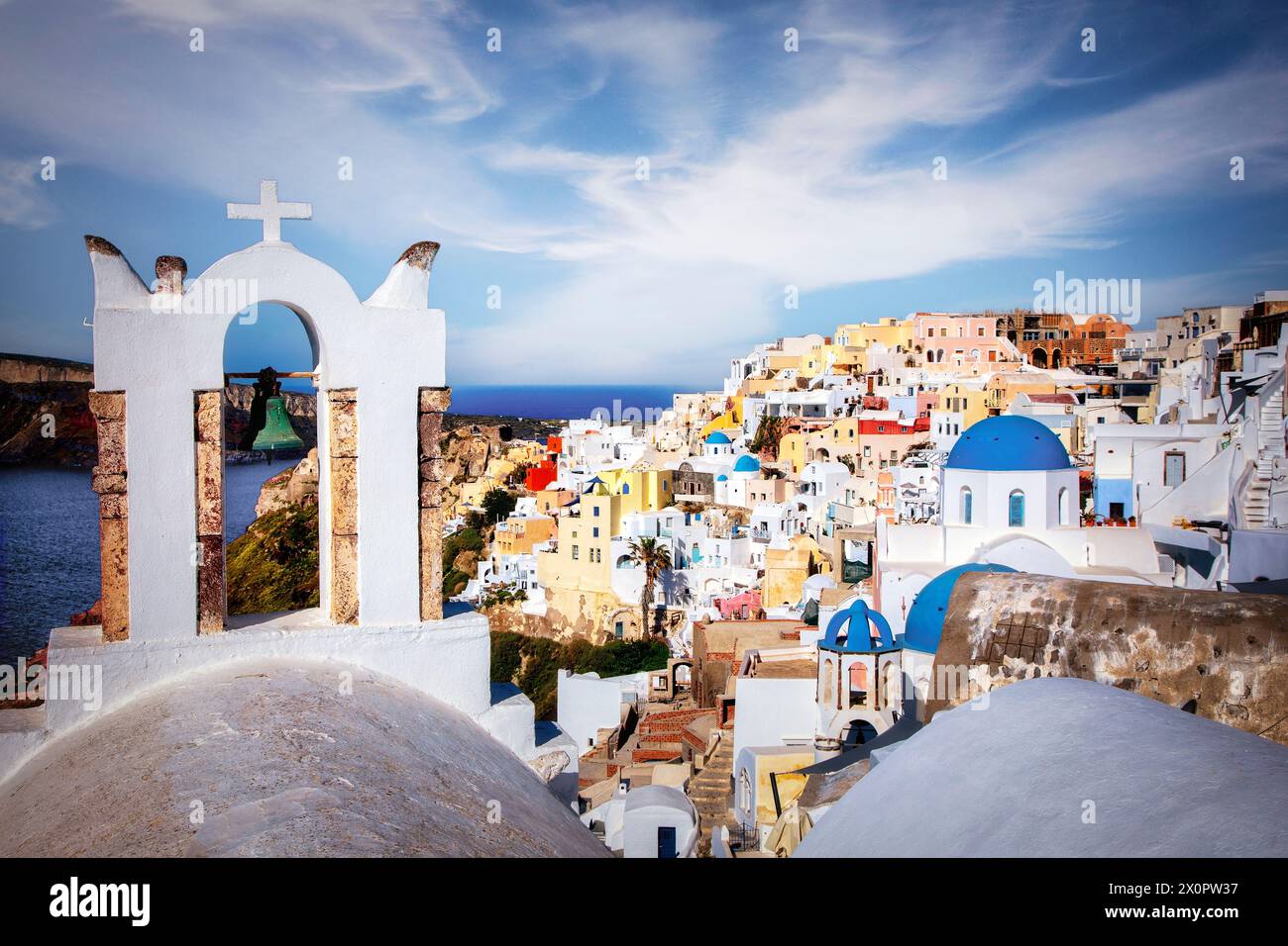 The village of Oia built on the cliff of the caldera on the island of Santorini, Greece. Stock Photo