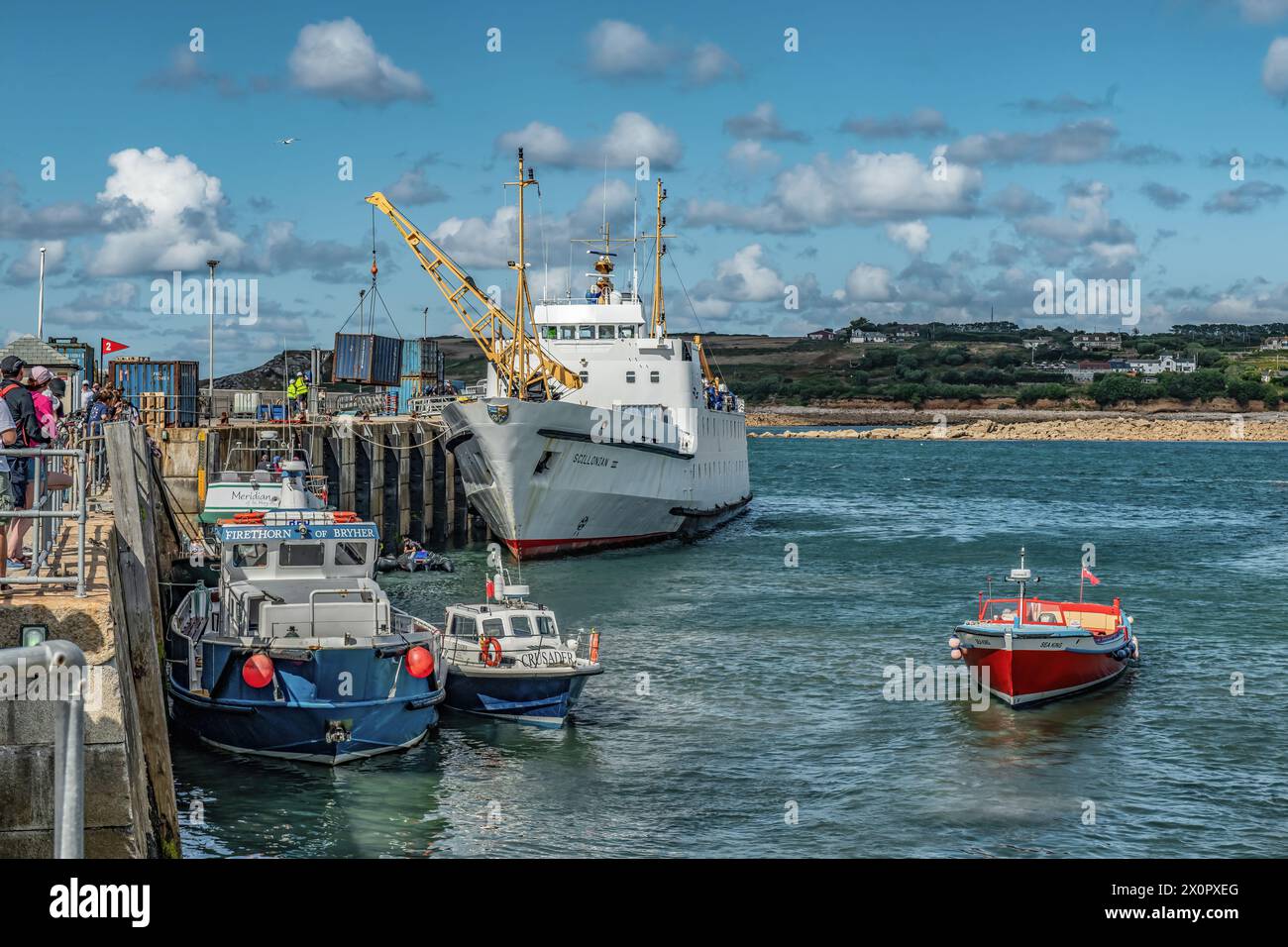 Freight being offloaded from the Scillonian, St. Mary's Harbour, Isles of Scilly Stock Photo