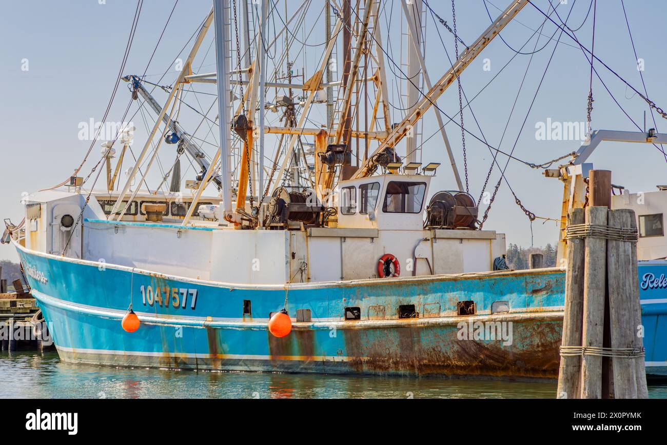 detail image of fishing boat, Relentless in dock in greenport, ny Stock