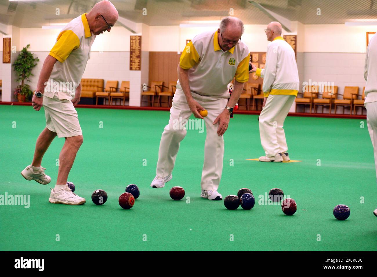Playing Indoor Bowls at the club Stock Photo