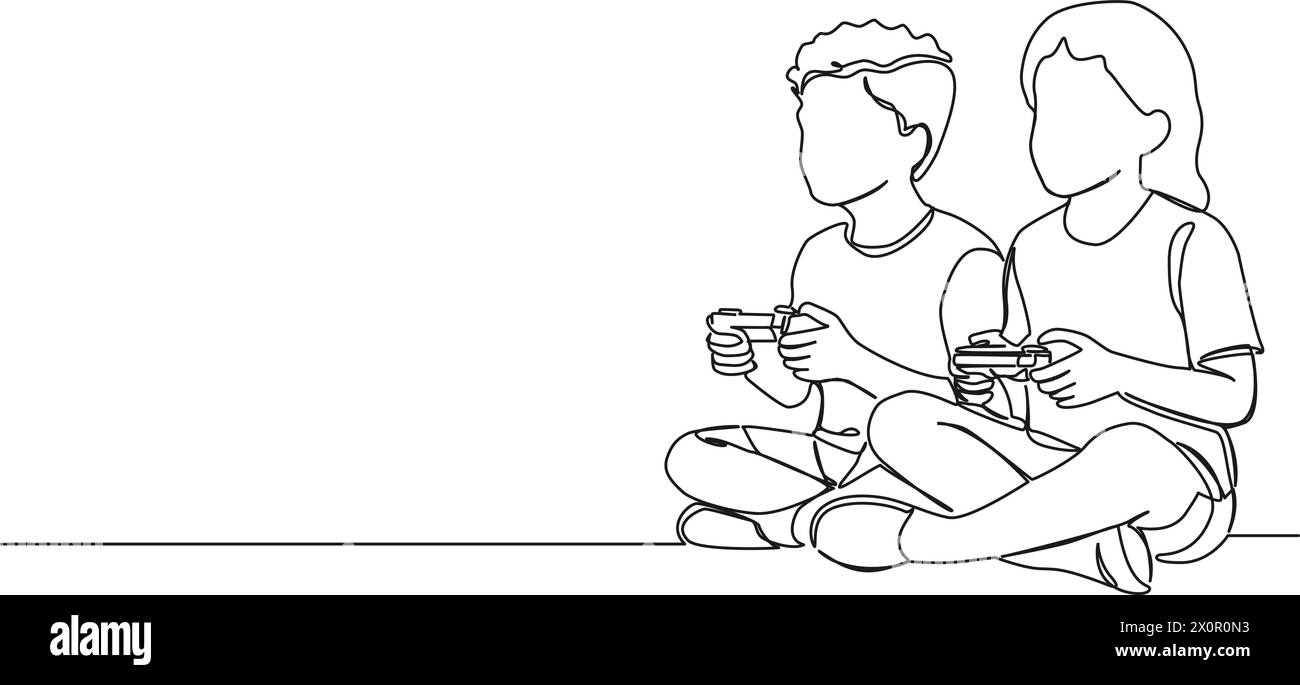 continuous single line drawing of two kids playing video games, line art vector illustration Stock Vector