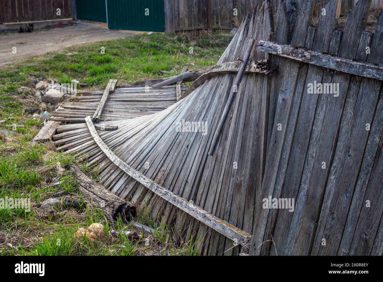The fallen broken wooden fence, abstract view Stock Photo