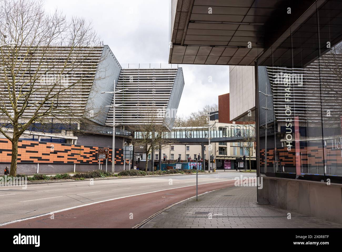 Temple Way in Bristol with the pedestrian wonky bridge from the car
