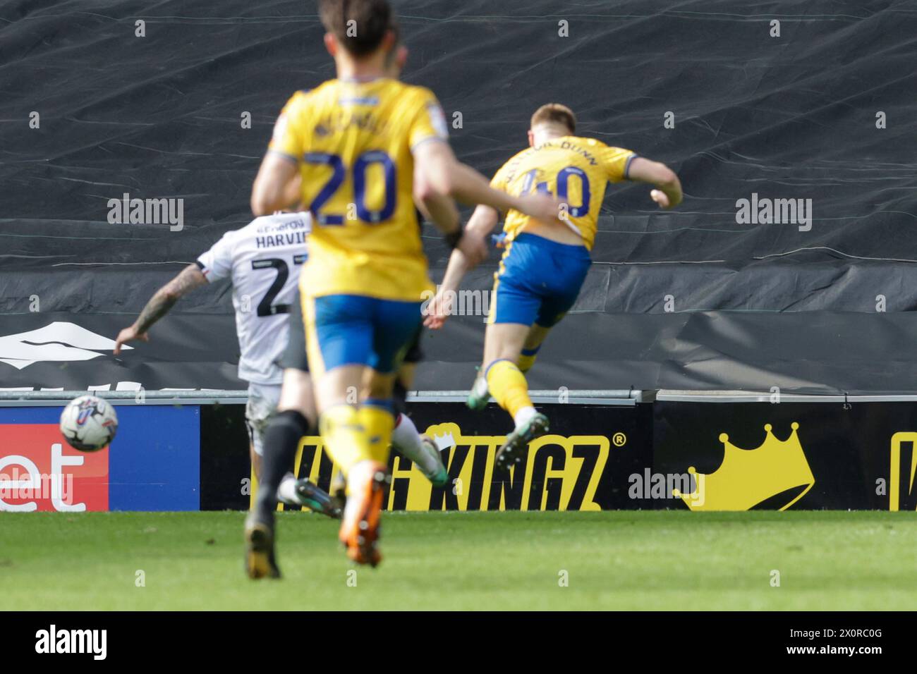 Davis Keillor-Dunn fires home and scores for Mansfield Town, to extend their lead to make it 3 - 1 against Milton Keynes Dons, during the second half of the Sky Bet League 2 match between MK Dons and Mansfield Town at Stadium MK, Milton Keynes on Saturday 13th April 2024. (Photo: John Cripps | MI News) Credit: MI News & Sport /Alamy Live News Stock Photo