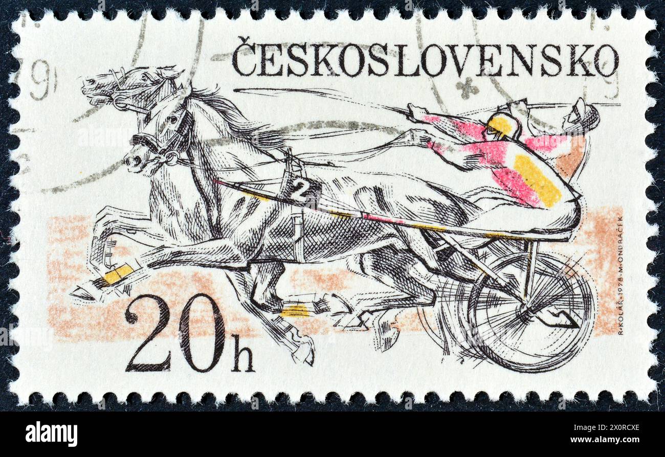 Cancelled postage stamp printed by Czechoslovakia, that promotes  Pardubice Steeplechase, circa 1978. Stock Photo