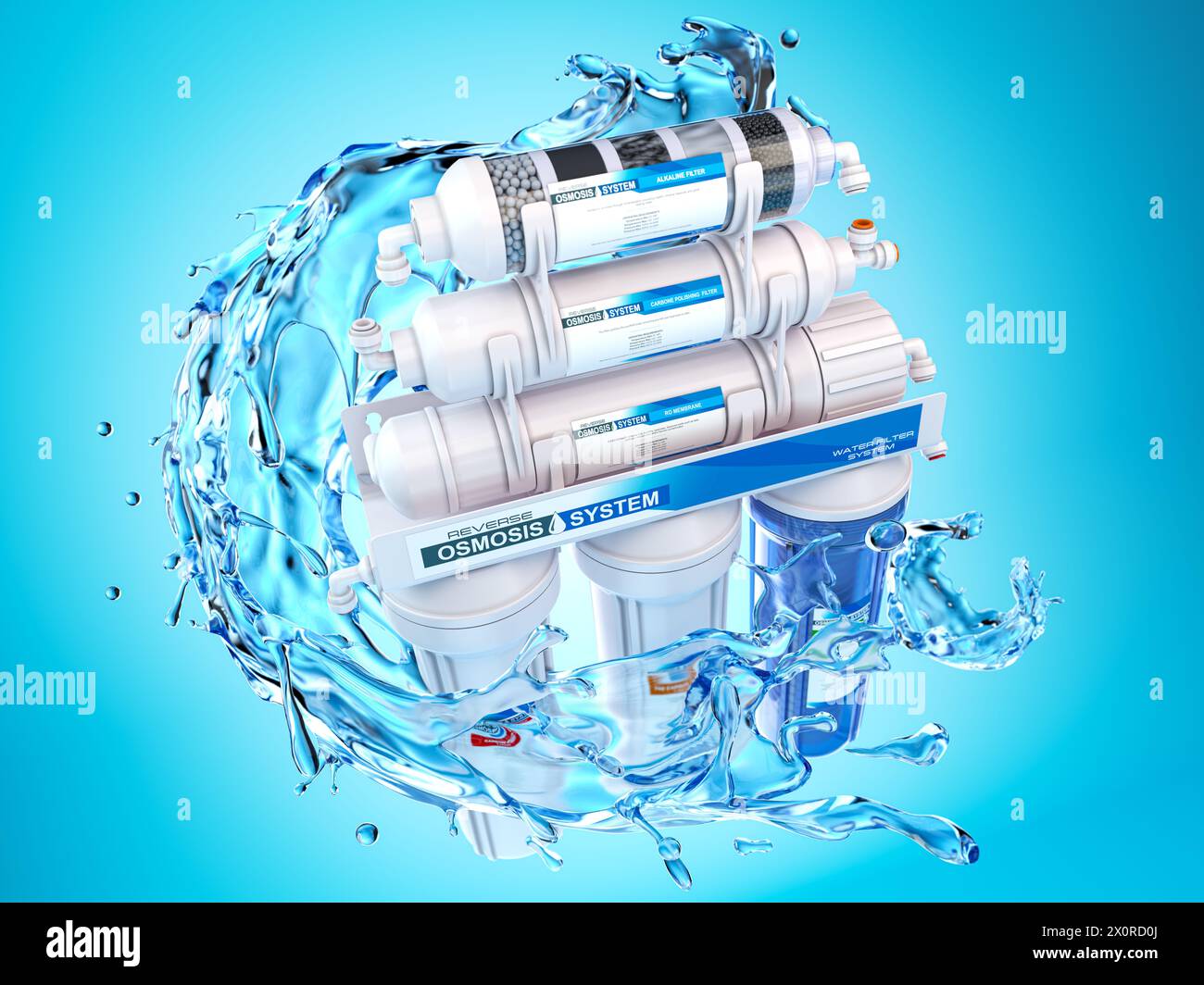 Reverse osmosis water purification system with water splashes on blue background.. Water cleaning system installation. 3d illustration Stock Photo