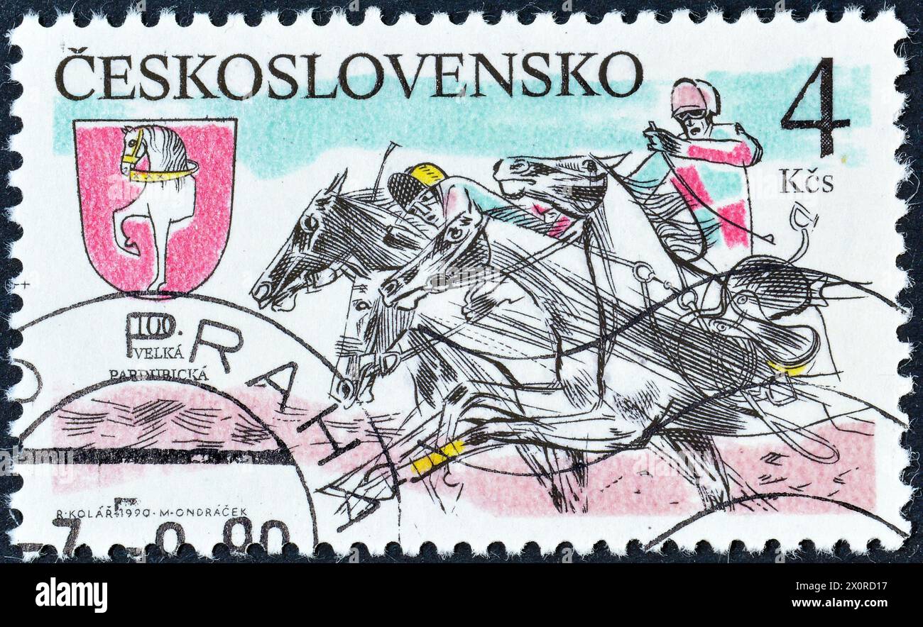 Cancelled postage stamp printed by Czechoslovakia, that celebrates  Centenary of Pardubice Steeplechase, circa 1990. Stock Photo