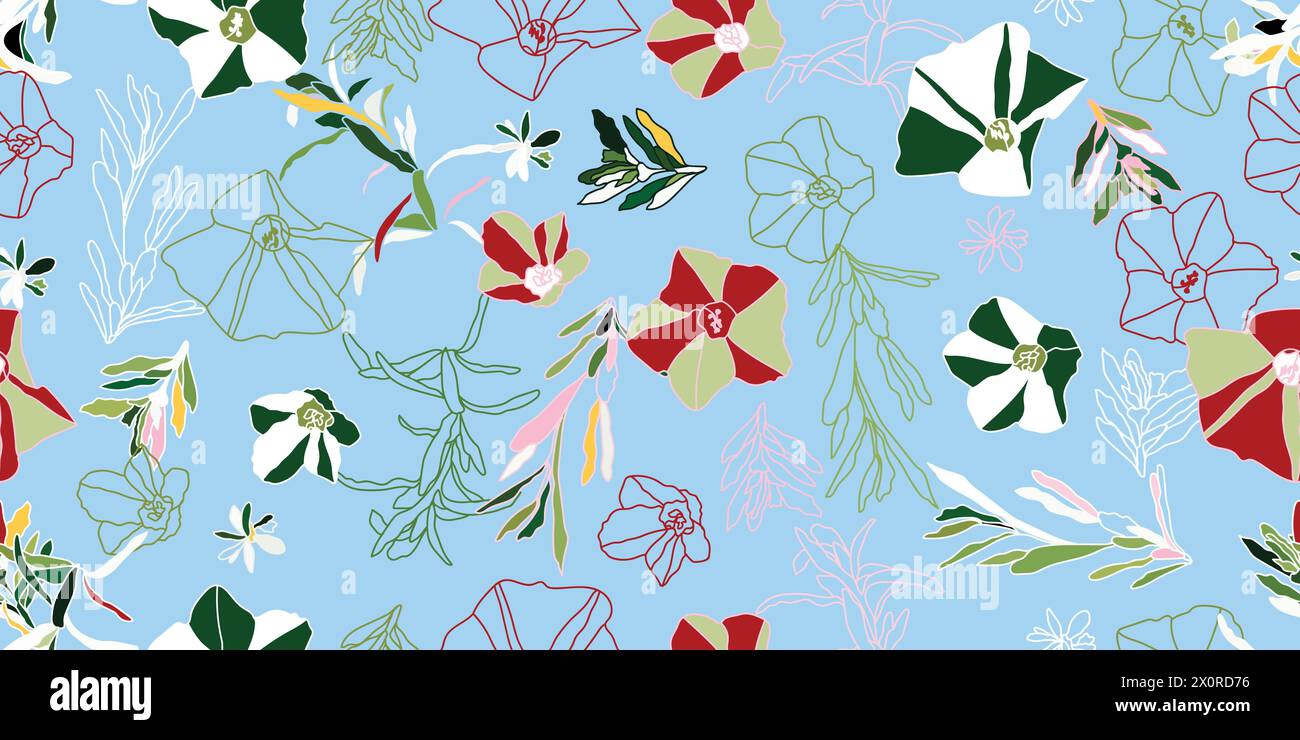 Floral seamless pattern vector. Convolvulus cneorum vector illustration. Blooming twig of convolvulus. Illustration isolated on blue background.  Stock Vector