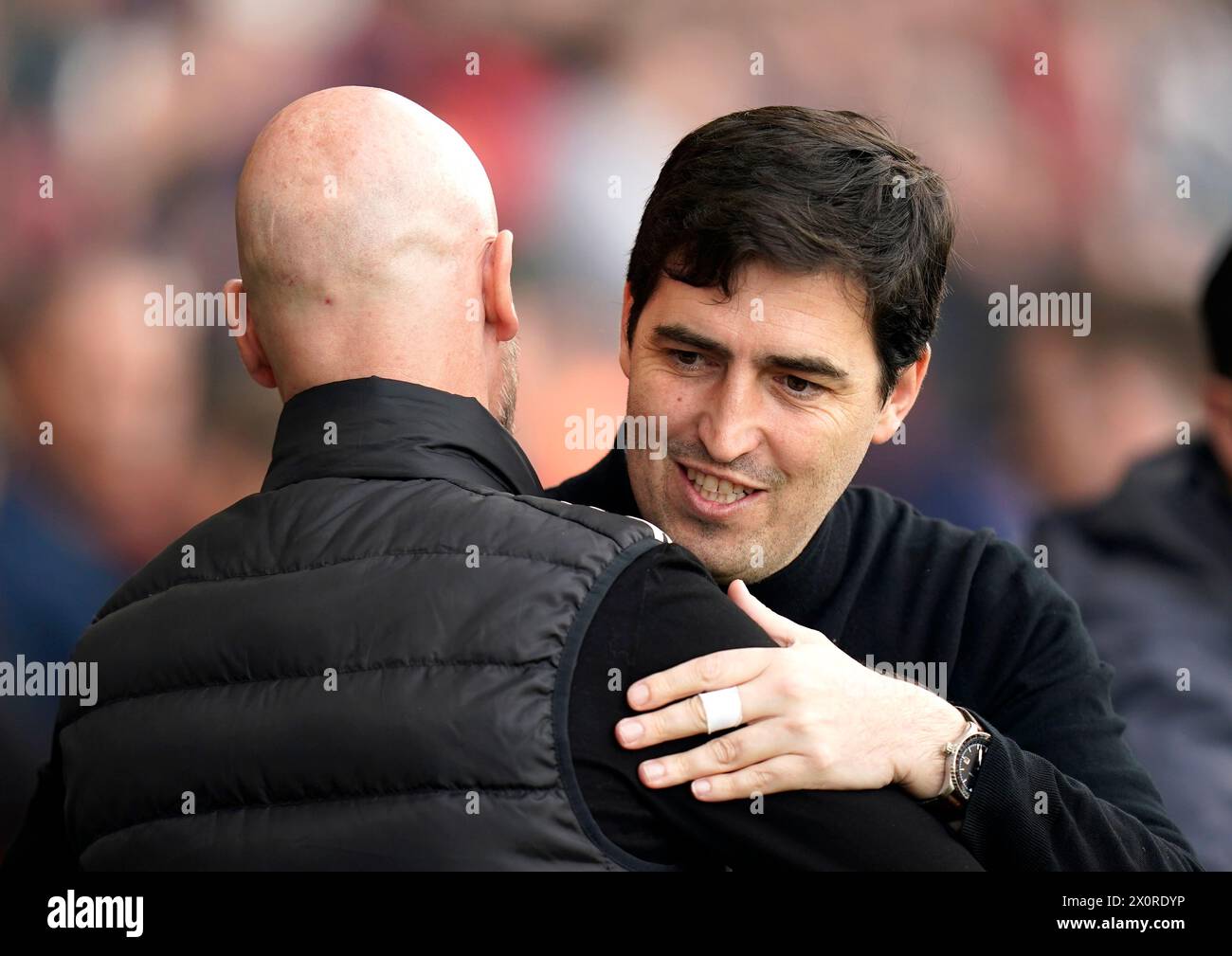 Manchester United manager Erik ten Hag greets Bournemouth manager Andoni Iraola ahead of the Premier League match at the Vitality Stadium, Bournemouth. Picture date: Saturday April 13, 2024. Stock Photo