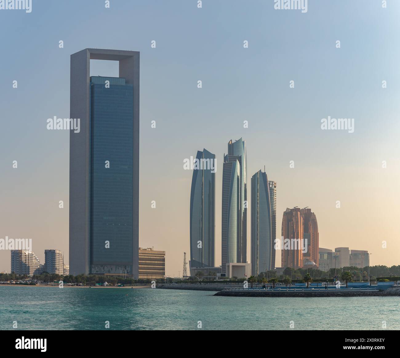 A picture of the Etihad Towers and the Abu Dhabi National Oil Company Headquarters at sunset. Stock Photo