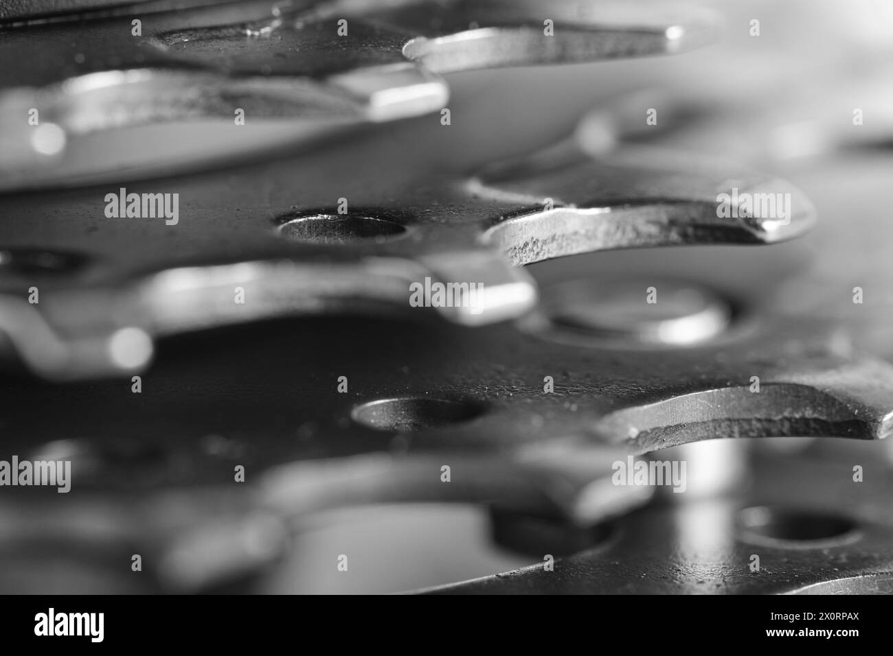 Close up of bicycle chain. Monochrome image. Selective focus Stock Photo