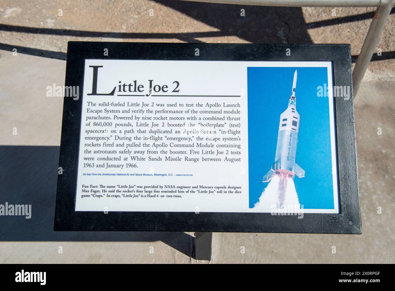 Information plaque for the Little Joe rocket at the Museum of Space History in Alamogordo, NM, USA Stock Photo