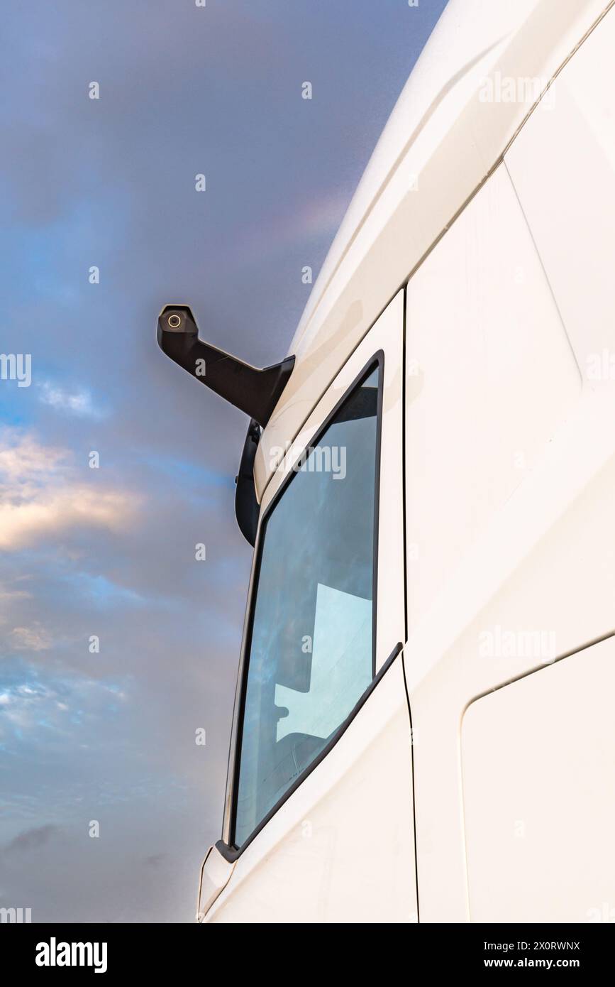Rearview mirror of a truck by camera, this new system is replacing traditional mirrors. Stock Photo