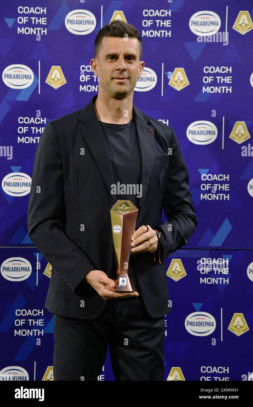 Bologna head coach Thiago Motta awarded Philadelphia Coach of the March month during the Serie a Tim match between Bologna and Monza - Serie A TIM at Renato Dall'Ara Stadium - Sport, Soccer - Bologna, Italy - Saturday April 13, 2024 (Photo by Massimo Paolone/LaPresse) Credit: LaPresse/Alamy Live News Stock Photo