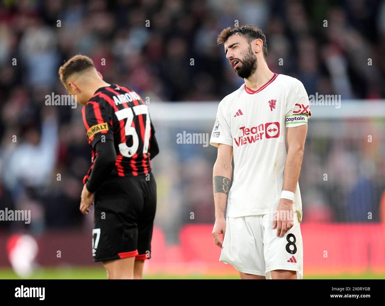 Manchester United's Bruno Fernandes reacts following the Premier League match at the Vitality Stadium, Bournemouth. Picture date: Saturday April 13, 2024. Stock Photo