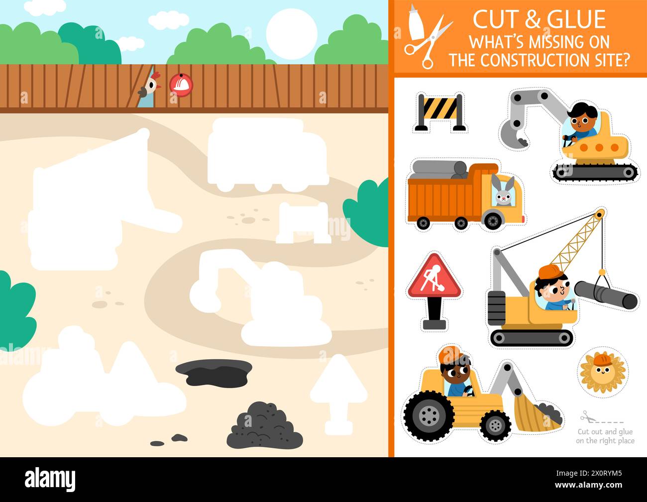 Vector construction site cut and glue activity. Crafting game with cute building works landscape. Fun printable worksheet for children. Find the right Stock Vector
